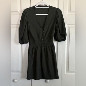 Olive Green Women's Mini Dress Quarter sleeve Size M button front cinched waist